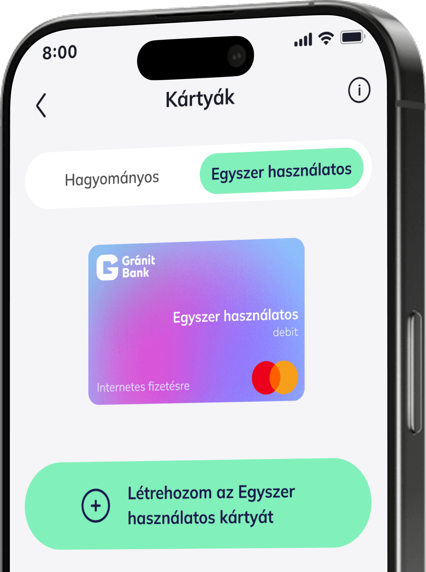 Okostelefon képernyője a Gránit Bank mobilalkalmazással, amely az egyszer használatos virtuális bankkártya létrehozási felületét mutatja.
